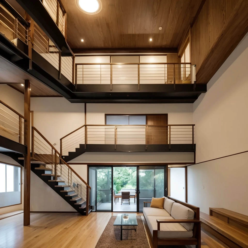 ((Highest quality)), ((masterpiece)), (detailed), Living room of a modern Japanese house,The three-seater sofa is L-shaped,There is a steel staircase in front of the sofa.,A 60-inch TV is mounted on the wall under the stairs.,The floor is solid oak 90cm wide.,The lighting is downlights