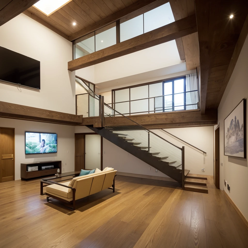 ((Highest quality)), ((masterpiece)), (detailed), Living room of a modern Japanese house,The three-seater sofa is L-shaped,There is a steel staircase in front of the sofa.,A 60-inch TV is mounted on the wall under the stairs.,The floor is solid oak 90cm wide.,The lighting is downlights