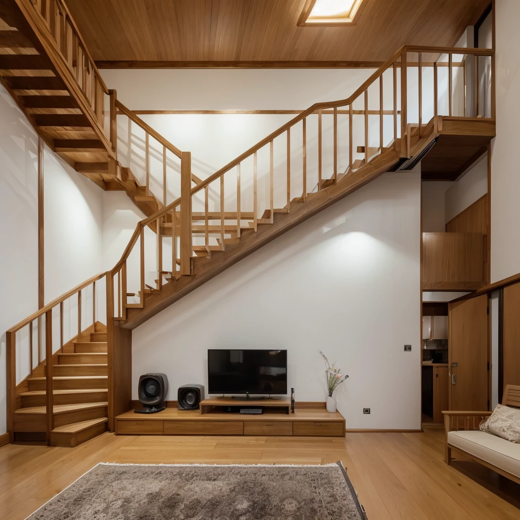 ((Highest quality)), ((masterpiece)), (detailed), Living room of a modern Japanese house,The three-seater sofa is L-shaped,There is a steel staircase in front of the sofa.,A 60-inch TV is mounted on the wall under the stairs.,The floor is solid oak 90cm wide.,The lighting is downlights