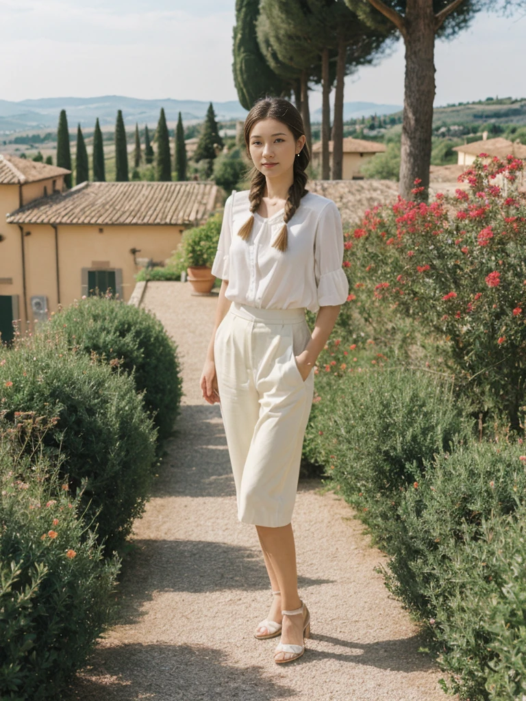 her name is Asako, high quality, 1girl, ((20-year-old fit Caucasian woman)), ((20 years old)), ((slim)), ((Fishtail Braid hair)), pose: standing, wearing stylish fashionable Generation-Z modern wear pastel colored, BACKGROUND:"In the Boboli Gardens, with manicured lawns, sculptures, and panoramic views of the Tuscan landscape."