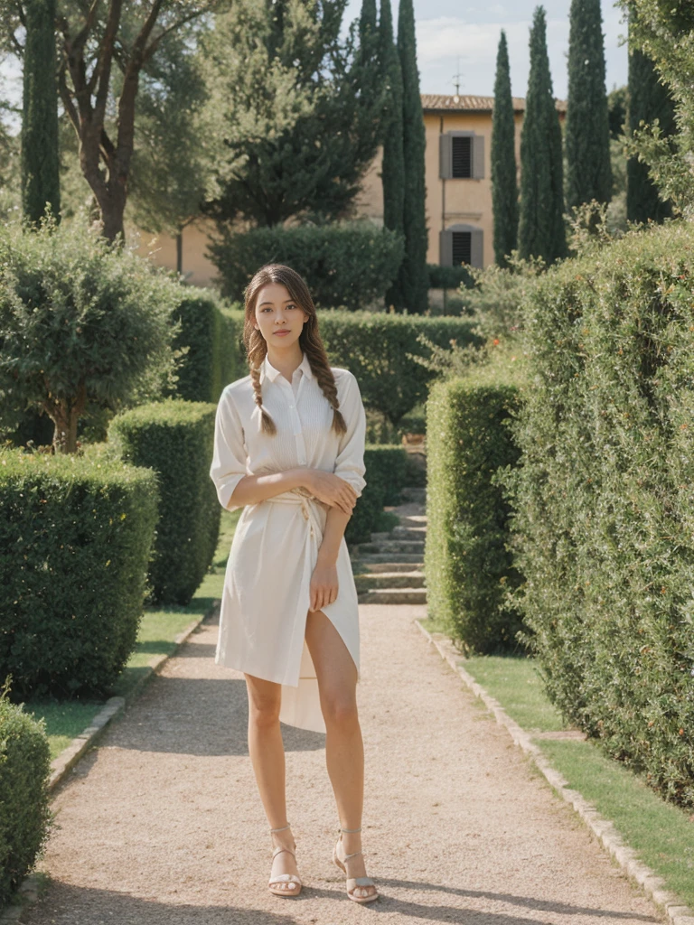 her name is Asako, high quality, 1girl, ((20-year-old fit Caucasian woman)), ((20 years old)), ((slim)), ((Fishtail Braid hair)), pose: standing, wearing stylish fashionable Generation-Z modern wear pastel colored, BACKGROUND:"In the Boboli Gardens, with manicured lawns, sculptures, and panoramic views of the Tuscan landscape."