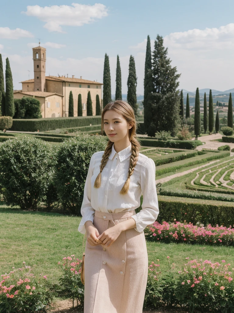her name is Asako, high quality, 1girl, ((20-year-old fit Caucasian woman)), ((20 years old)), ((slim)), ((Fishtail Braid hair)), pose: standing, wearing stylish fashionable Generation-Z modern wear pastel colored, BACKGROUND:"In the Boboli Gardens, with manicured lawns, sculptures, and panoramic views of the Tuscan landscape."