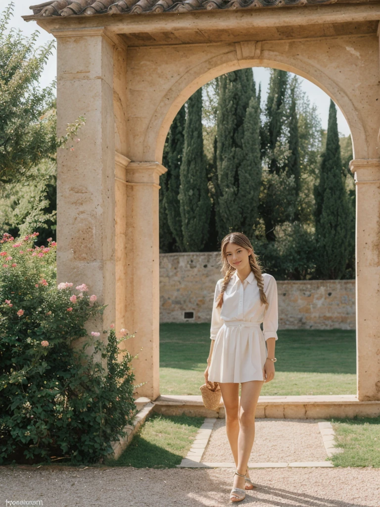 her name is Asako, high quality, 1girl, ((20-year-old fit Caucasian woman)), ((20 years old)), ((slim)), ((Fishtail Braid hair)), pose: standing, wearing stylish fashionable Generation-Z modern wear pastel colored, BACKGROUND:"In the Boboli Gardens, with manicured lawns, sculptures, and panoramic views of the Tuscan landscape."