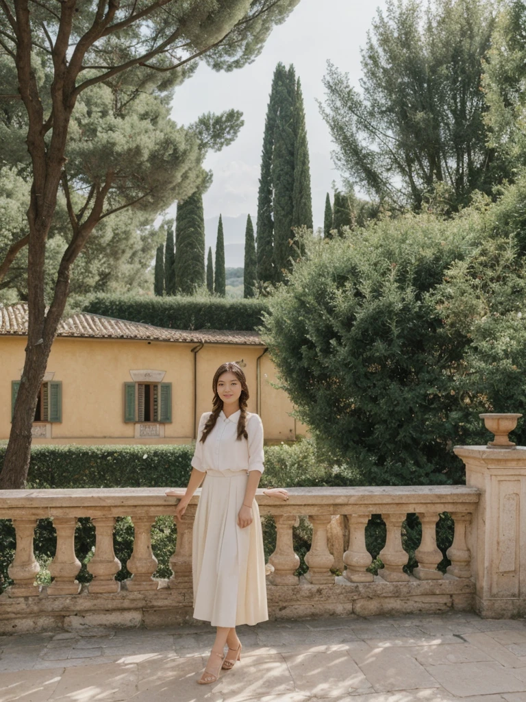 her name is Asako, high quality, 1girl, ((20-year-old fit Caucasian woman)), ((20 years old)), ((slim)), ((Fishtail Braid hair)), pose: standing, wearing stylish fashionable Generation-Z modern wear pastel colored, BACKGROUND:"In the Boboli Gardens, with manicured lawns, sculptures, and panoramic views of the Tuscan landscape."