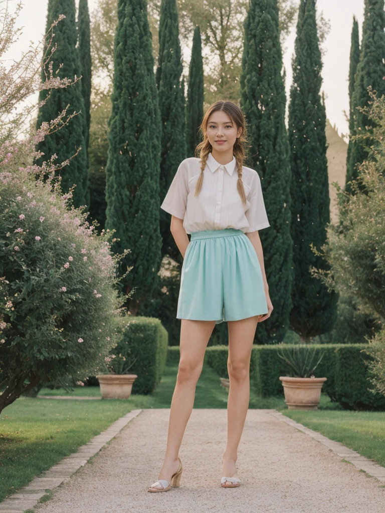 her name is Asako, high quality, 1girl, ((20-year-old fit Caucasian woman)), ((20 years old)), ((slim)), ((Fishtail Braid hair)), pose: standing, wearing stylish fashionable Generation-Z modern wear pastel colored, BACKGROUND:"In the Boboli Gardens, with manicured lawns, sculptures, and panoramic views of the Tuscan landscape."