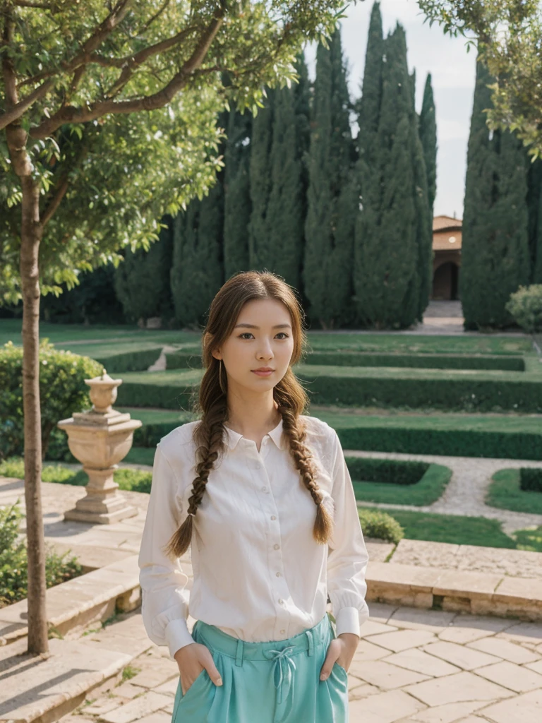 her name is Asako, high quality, 1girl, ((20-year-old fit Caucasian woman)), ((20 years old)), ((slim)), ((Fishtail Braid hair)), pose: standing, wearing stylish fashionable Generation-Z modern wear pastel colored, BACKGROUND:"In the Boboli Gardens, with manicured lawns, sculptures, and panoramic views of the Tuscan landscape."
