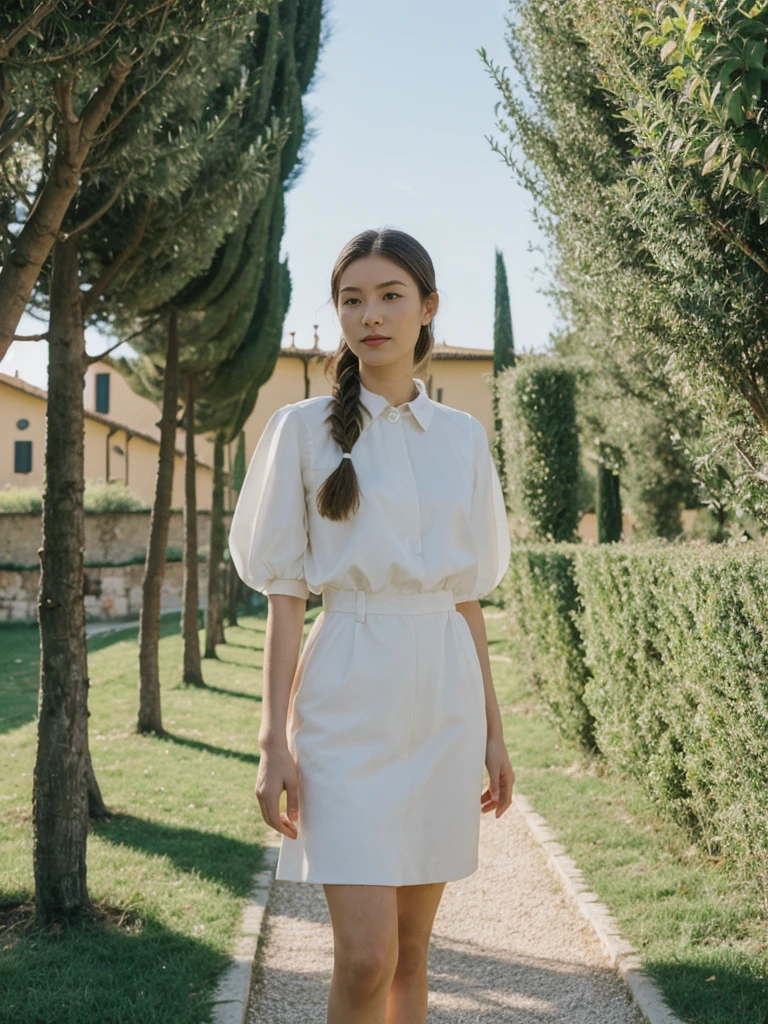her name is Asako, high quality, 1girl, ((20-year-old fit Caucasian woman)), ((20 years old)), ((slim)), ((Fishtail Braid hair)), pose: standing, wearing stylish fashionable Generation-Z modern wear pastel colored, BACKGROUND:"In the Boboli Gardens, with manicured lawns, sculptures, and panoramic views of the Tuscan landscape."
