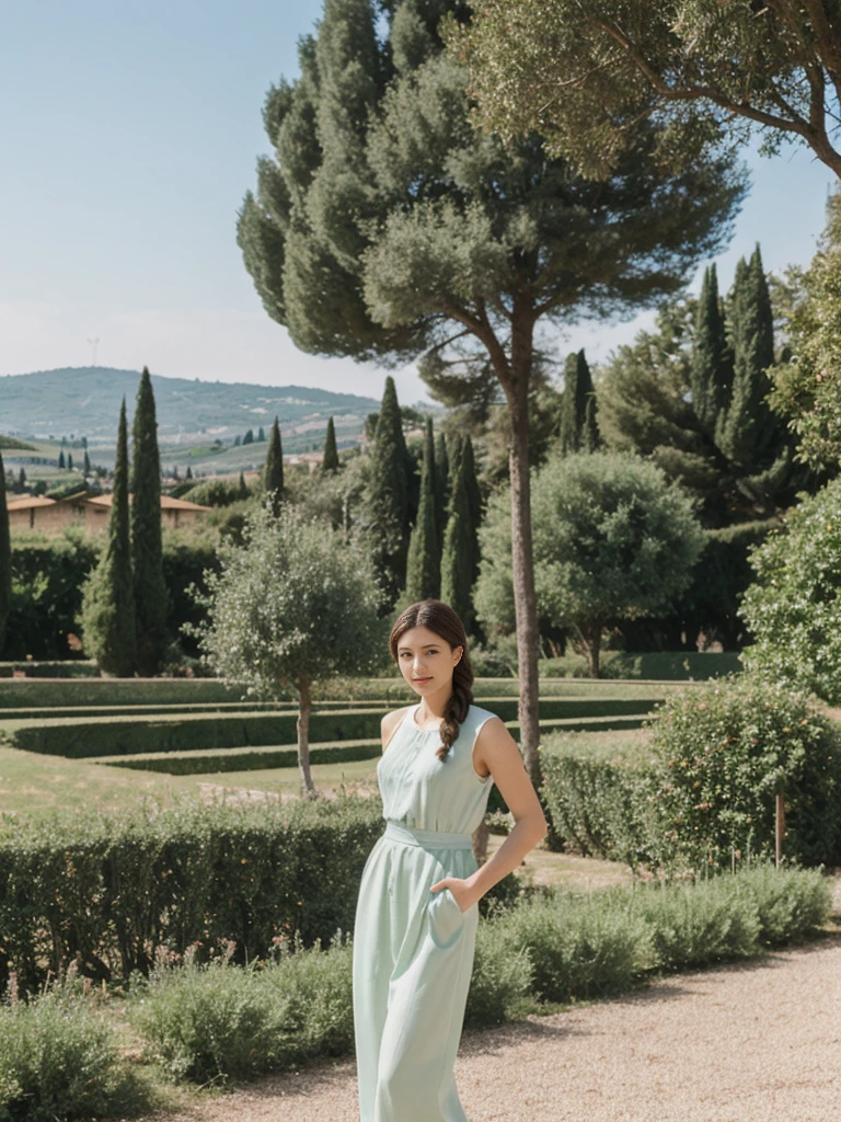her name is Asako, high quality, 1girl, ((20-year-old fit Caucasian woman)), ((20 years old)), ((slim)), ((Fishtail Braid hair)), pose: standing, wearing stylish fashionable Generation-Z modern wear pastel colored, BACKGROUND:"In the Boboli Gardens, with manicured lawns, sculptures, and panoramic views of the Tuscan landscape."
