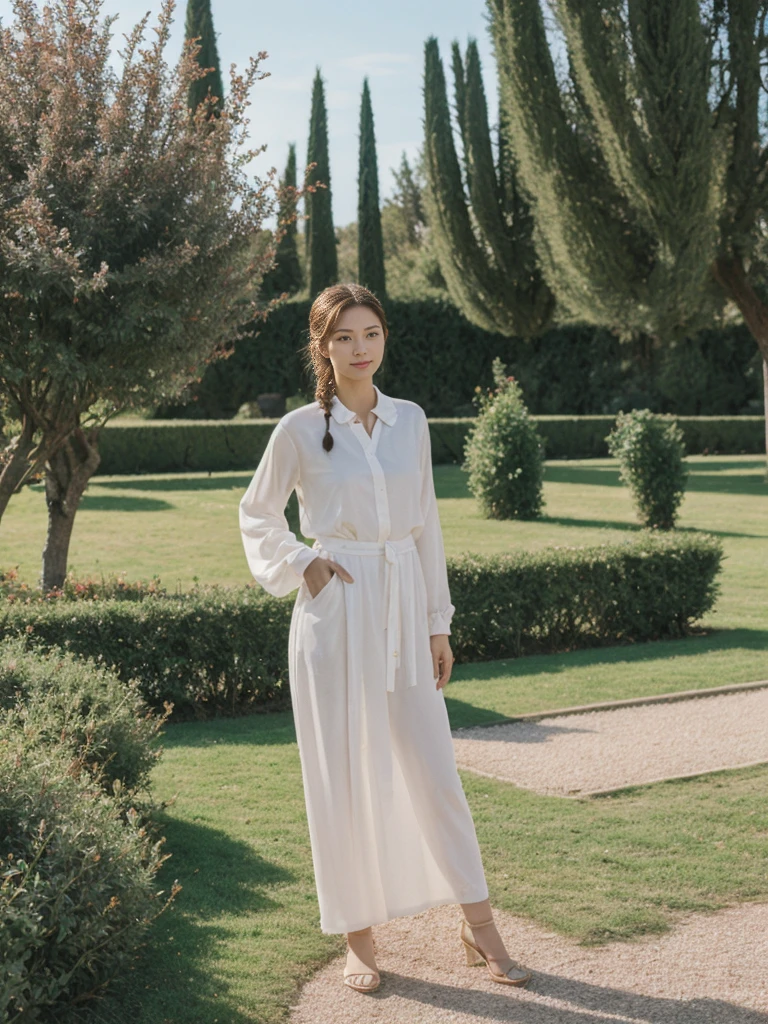 ((best quality)), ((masterpiece)), (detailed), 1girl, sexly、bangs、long hair、Long skirt、cardigan、Cross Necklace、Star-shaped earrings、High heels、Rose Garden
