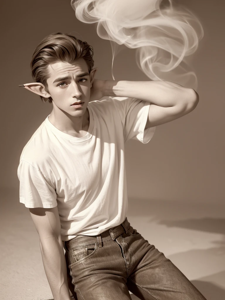 High quality, 8K Ultra HD, ((sepia colored)), America in the 1950s. A young man with elf ears. Has regent hair. Looks like James Dean. His clothes include a white T-shirt, Levi's jeans, and boots. smoking cigarettes. (((white T-shirt))), ((long elf ear))