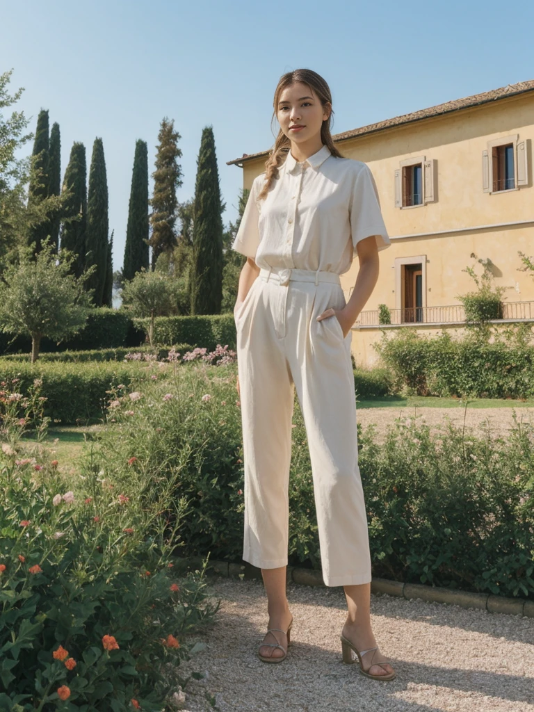 her name is Asako, high quality, 1girl, ((20-year-old fit Caucasian woman)), ((20 years old)), ((slim)), ((Fishtail Braid hair)), pose: standing, wearing stylish fashionable Generation-Z modern wear pastel colored, BACKGROUND:"In the Boboli Gardens, with manicured lawns, sculptures, and panoramic views of the Tuscan landscape."