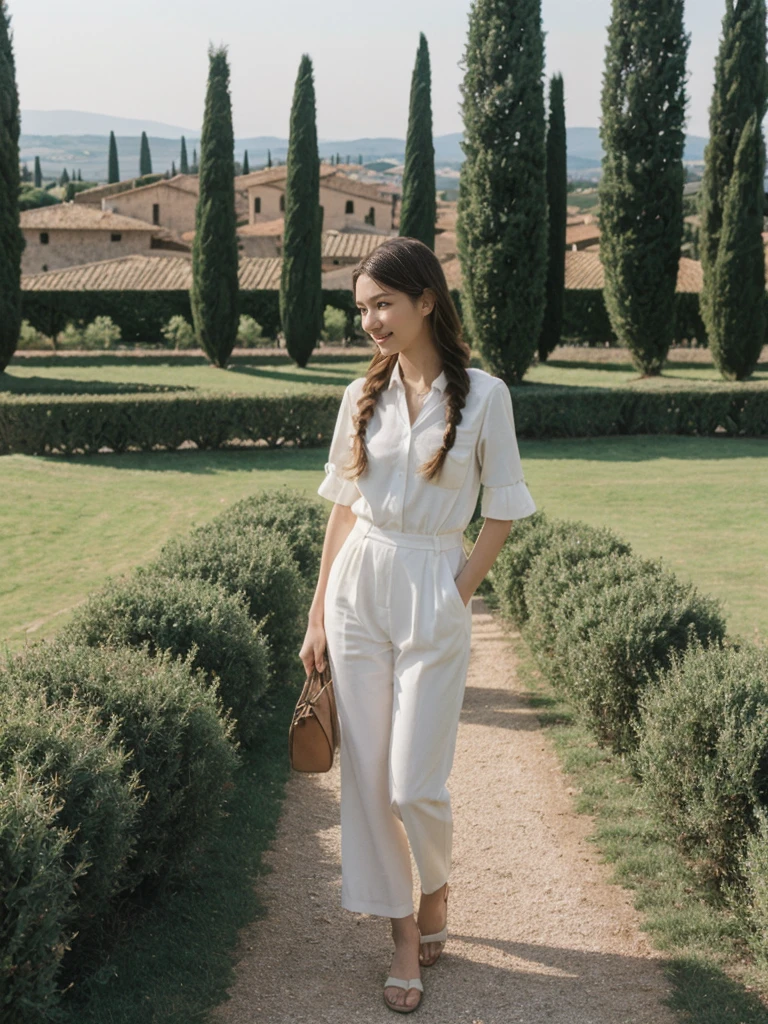 her name is Asako, high quality, 1girl, ((20-year-old fit Caucasian woman)), ((20 years old)), ((slim)), ((Fishtail Braid hair)), pose: standing, wearing stylish fashionable Generation-Z modern wear pastel colored, BACKGROUND:"In the Boboli Gardens, with manicured lawns, sculptures, and panoramic views of the Tuscan landscape."