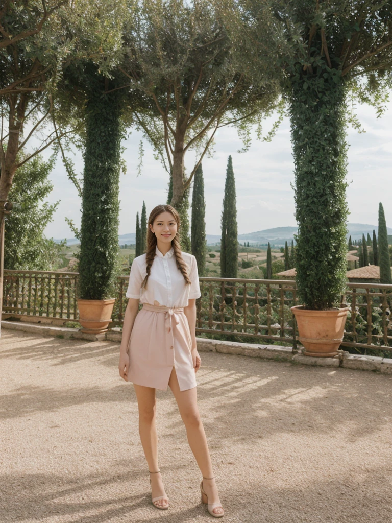 her name is Asako, high quality, 1girl, ((20-year-old fit Caucasian woman)), ((20 years old)), ((slim)), ((Fishtail Braid hair)), pose: standing, wearing stylish fashionable Generation-Z modern wear pastel colored, BACKGROUND:"In the Boboli Gardens, with manicured lawns, sculptures, and panoramic views of the Tuscan landscape."