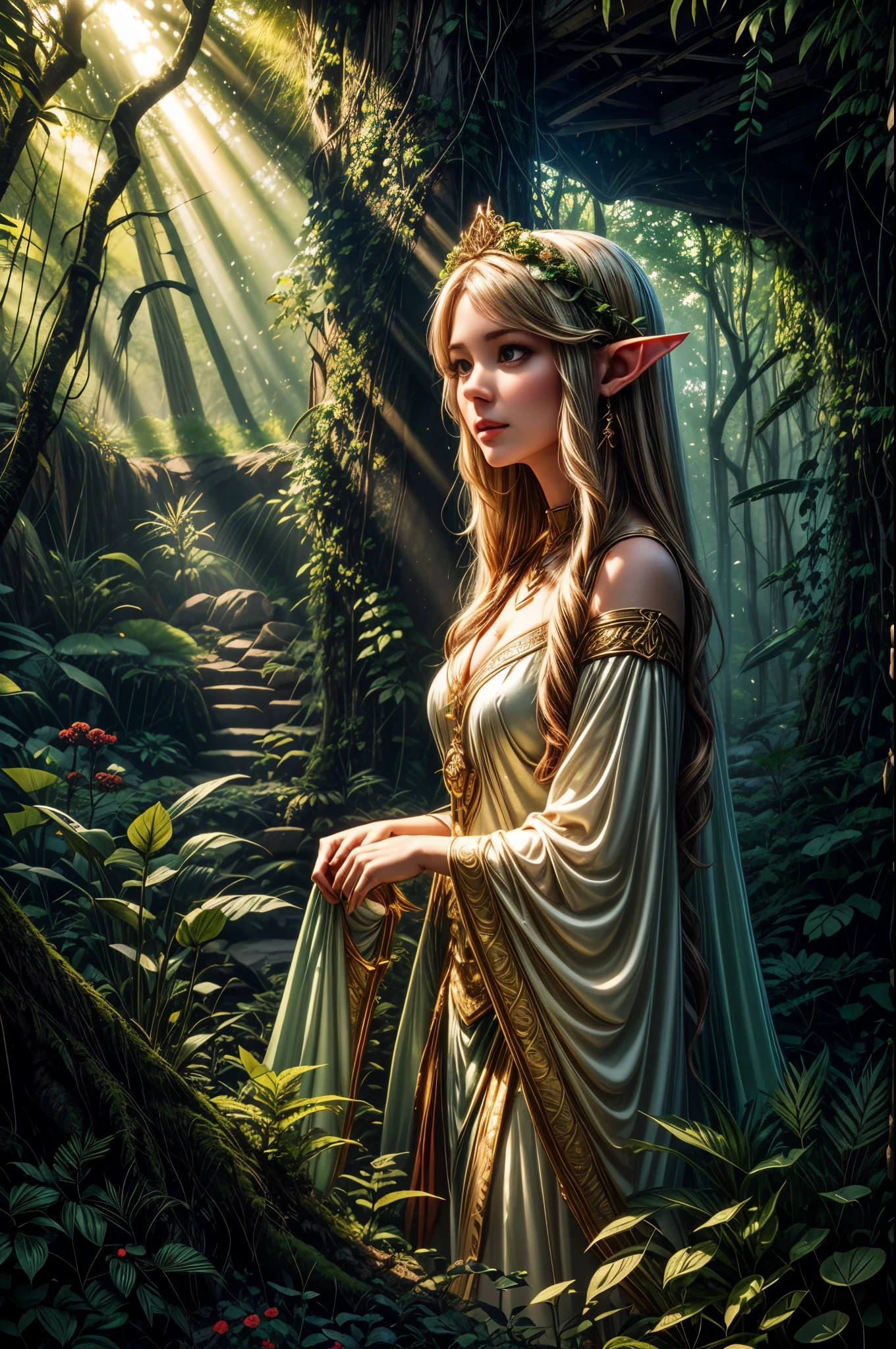 In a dappled, ancient forest ruin, an Elf Princess stands tall, her scepter raised high as beams of warm sunlight filter through the trees, casting a golden halo around her regalness. Her beautiful summer wear, enchanted clothing shimmers in the soft light covered in tiny miniature red multicolored flowers, and pea green and yellow tiny leaved vines, while lush foliage and vines surround her, creating a lush environment. The camera captures a sharp focus on the princess's face, with the rule of thirds composition placing her at the intersection of two diagonals. Shot during the golden hour, the scene exudes an ethereal mood, inviting the viewer to step into this mystical realm, fantasy, better_hands, Leonardo, Angela white, Enhance