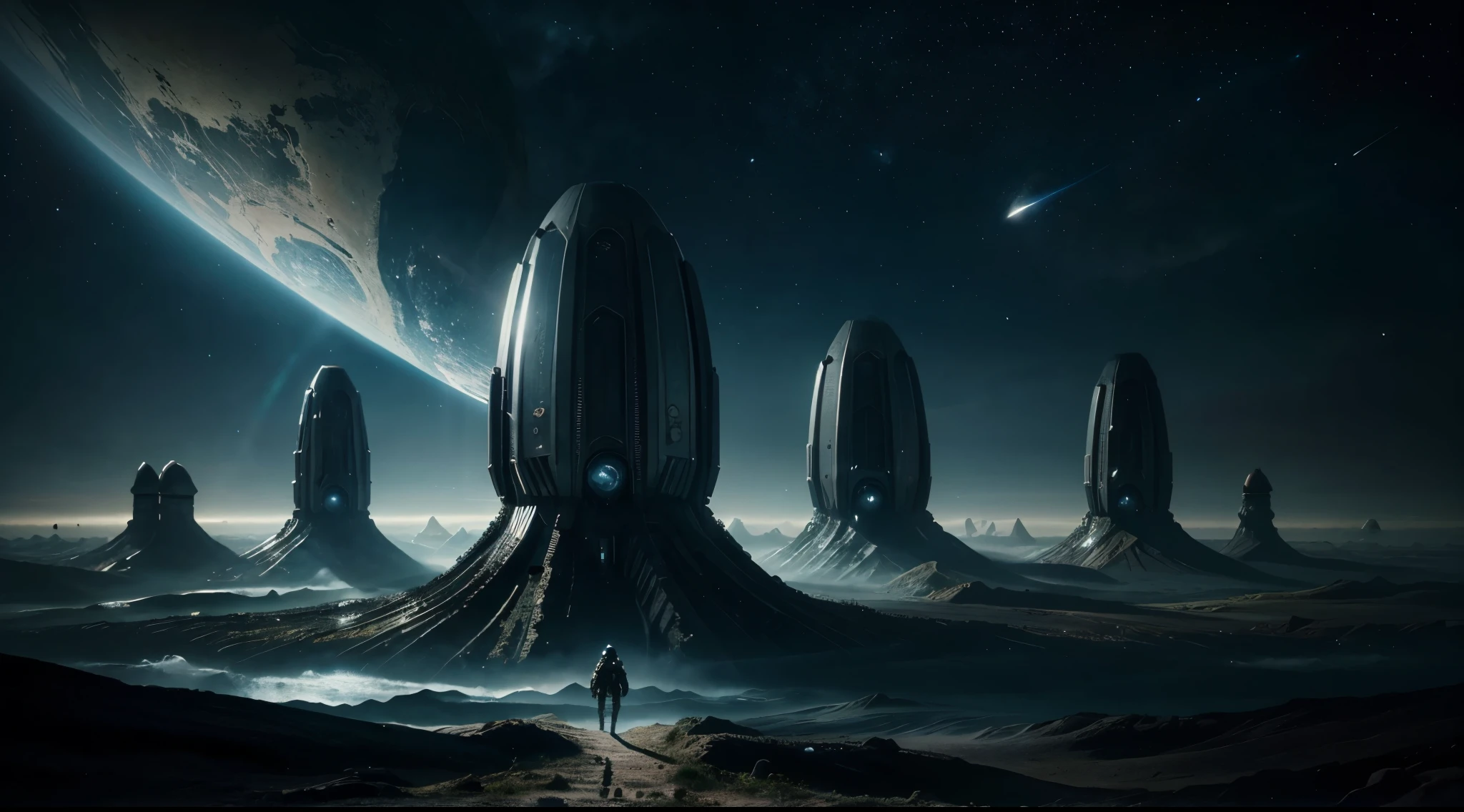 "Crie uma imagem deslumbrante, caracterizada por alta qualidade, Advanced details and a cinematic style. Retrate um astronauta em seu traje espacial, looking at the helmet visor that reflects the vastness of space, enquanto sua nave espacial surge majestosamente ao fundo. Integrate elements from an imaginary world, with unique creatures, surreal landscapes and a magical atmosphere. Dedicate yourself to the details to build a cohesive universe that transports the viewer beyond reality, exploring the border between space and fantasy."