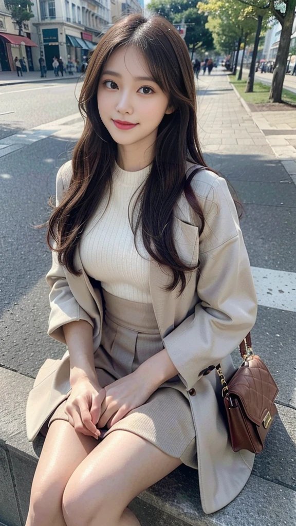 ((Highest quality、high resolution、High resolution、masterpiece、8K))、One Woman、21-year-old woman、Japanese women、Pretty woman、(Photograph the whole body:1.3)、Woman standing in winter park、Urban park、Sunny day in Paris、(Wearing a light brown coat、Tightly designed maxi skirt、High heels、Simple Fashion)、Perfect proportions、Slim figure、8-life proportions、Detailed face、Beautiful eyes、Natural Makeup、A ruddy complexion、Look here with a smile、Brown medium long hair、Loose wavy hairstyle、((Canon EOS 5D Mark 4とSIGMA Art Lens 85mm F1.4 Shot with DG HSM lens、F-stop 2.4、iso 200、Shutter Speed 2000))、Angle from the front、RAW Photos、Clear photos、Professional Lighting、Height: 165cm