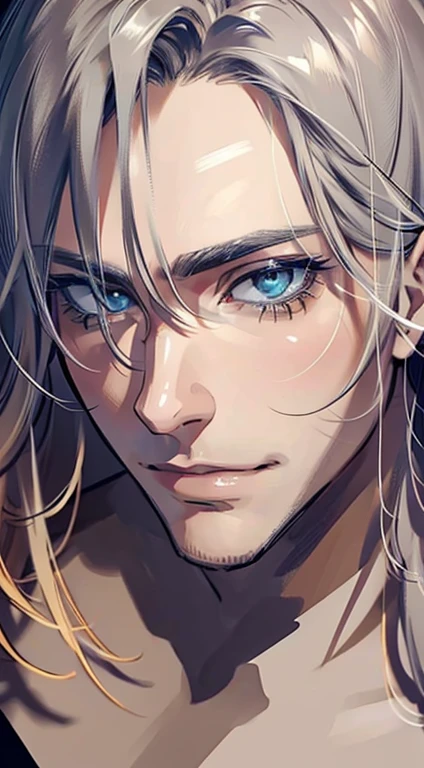 (best quality,4k,8k,highres,masterpiece:1.2),ultra-detailed,(realistic,photorealistic,photo-realistic:1.37),1 man,31 years old,mature man,very handsome,without expression,smile,short grey golden hair,blue eyes,penetrating gaze,perfect face without errors,imposing posture,businessman,office background,cinematic lighting,hdr image