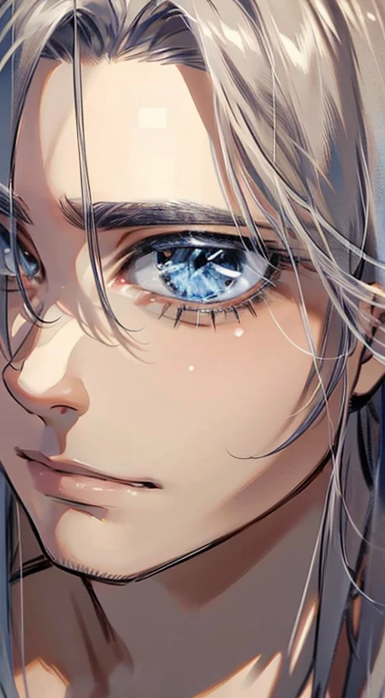 (best quality,4k,8k,highres,masterpiece:1.2),ultra-detailed,(realistic,photorealistic,photo-realistic:1.37),1 man,31 years old,mature man,very handsome,without expression,smile,short grey golden hair,blue eyes,penetrating gaze,perfect face without errors,imposing posture,businessman,office background,cinematic lighting,hdr image