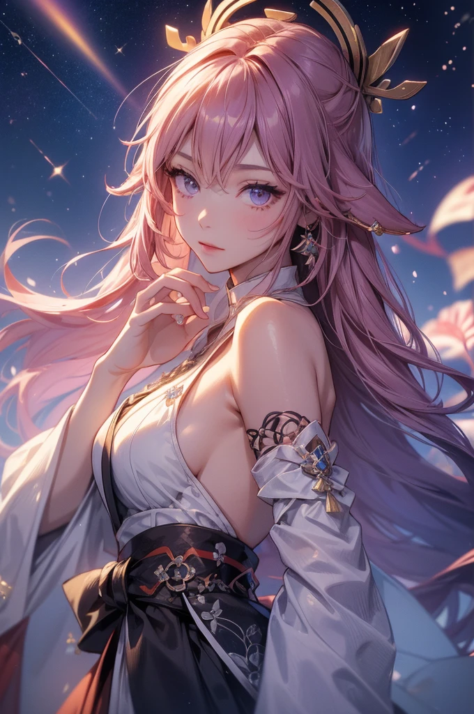 ((yaemikodef)):1.5, ((masterpiece,Highest quality,Highly detailed images,Beautiful images、Dutch Angle)), (Close-up image of yaemiko、Overall dim lighting、Backlight、Strong backlighting、Fantastic dark atmosphere、Thick Fog、Dust flutters),(Dynamic pose)1.2, sideboob、((from front;1.5)), (Beautiful starry sky、White Nights、shooting star)