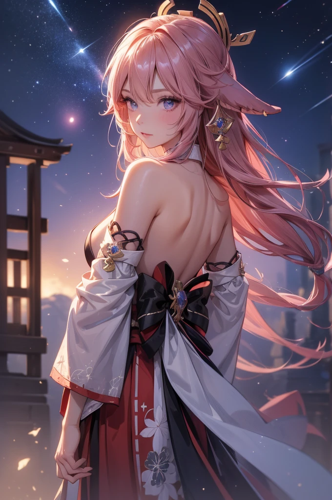 ((yaemikodef)):1.5, ((masterpiece,Highest quality,Highly detailed images,Beautiful images、Dutch Angle)), (Close-up image of yaemiko、Overall dim lighting、Backlight、Strong backlighting、Fantastic dark atmosphere、Thick Fog、Dust flutters),(Dynamic pose)1.2, sideboob、((from front;1.5)), (Beautiful starry sky、White Nights、shooting star)