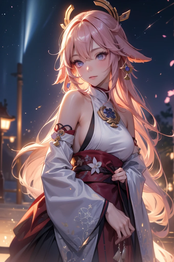 ((yaemikodef)):1.5, ((masterpiece,Highest quality,Highly detailed images,Beautiful images、Dutch Angle)), (Image of yaemiko smiling in front of lightning、Overall dim lighting、Backlight、Fantastic dark atmosphere、Thick Fog、Dust flutters),(Dynamic pose)1.2, sideboob
