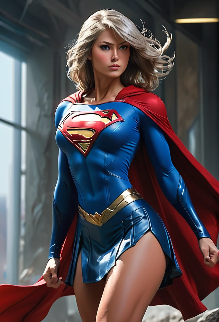 Massive muscular girl, with growth muscles veins, with style SuperGirl ,steel tones blue,abs growth without clothes, short red skirt,
,She is in combat pose, her veins are pulsing ,concept art,she is standing ,I have a long red cape