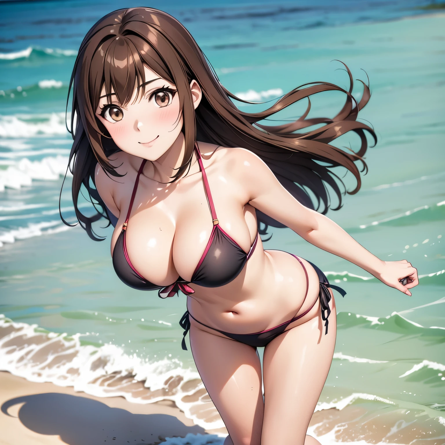 Kizuna Kazayama, 25 year old woman, mature face. Brown hair , Brown eyes, SMILE, blush, big breasts, Bikini , background a sunny beach.. full body image.