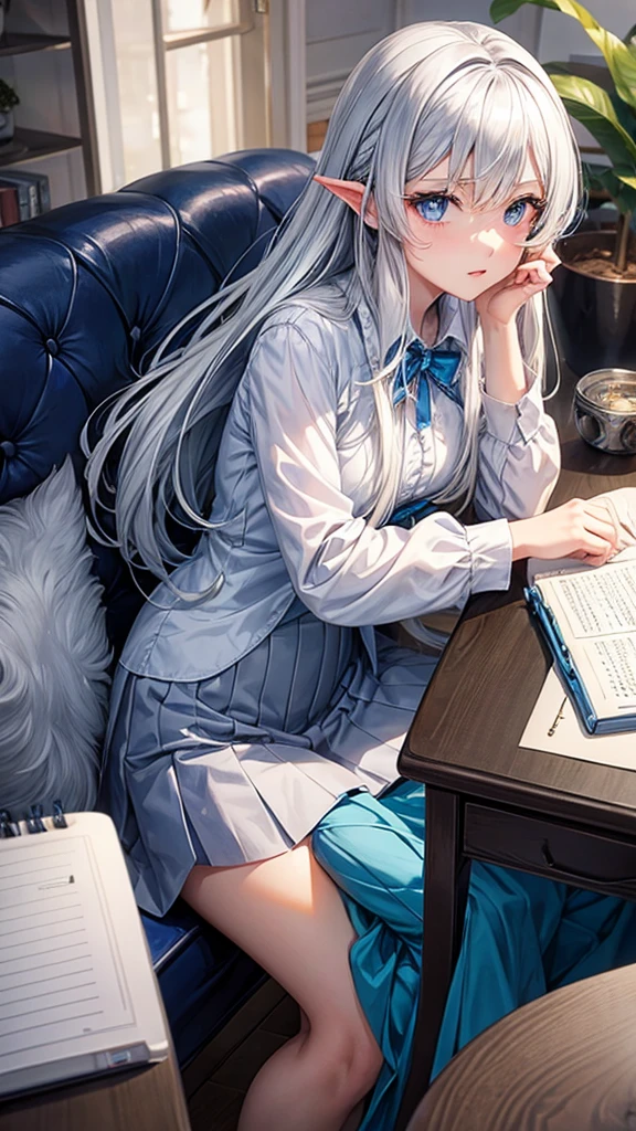 Anime girl with silver hair and blue eyes using a notebook
