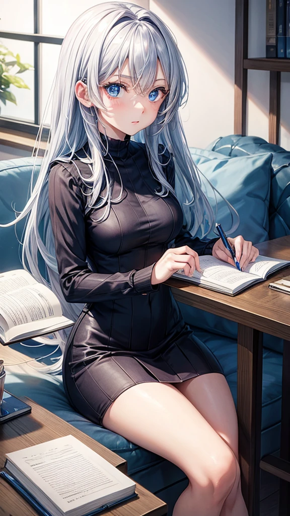 Anime girl with silver hair and blue eyes using a notebook