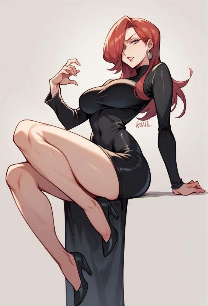 Parasoul, mature woman, long legs,sexy ,exaggeratedly short dress ,long tight sleeves, ultra black dress ,semi-bare thighs