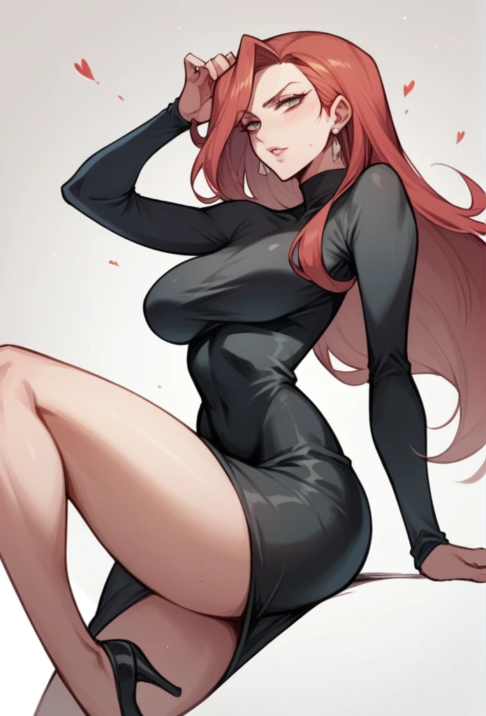 Parasoul, mature woman, long legs,sexy ,exaggeratedly short dress ,long tight sleeves, ultra black dress ,semi-bare thighs