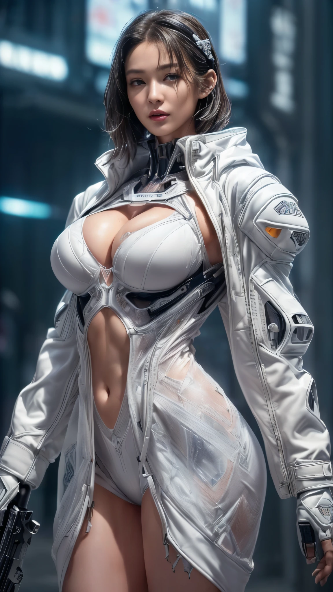 (Browsing Caution:1.2）、Very beautiful woman、Slender women、(Detailed face)、Realistic Skin、((Delicate photo))，(Girl masterpiece RAW photo details:1.25), (Highest quality:1.6), (Ultra-high resolution:1.5), (Realistic:1.75), 8K resolution, Canon EOS R5, 50mm, Absurd, Super detailed,Cinema Lighting、One Girl, 白hair,((princess_cut))、smile、((Super tight white jacket coat)), Chest Rig, cyber punk, ((Techwear)),I can see your abs、Good top、((((Big Breasts))))、((The abdomen is visible))、(((Very subtle and futuristic design)))、Digging into the crotch、((logo))、((Characters on clothing))、((With the weapons of the future))、