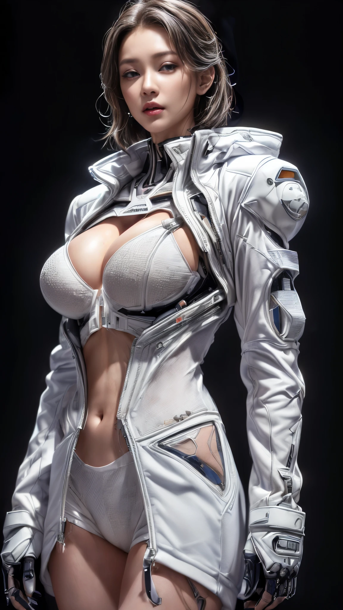 (Browsing Caution:1.2)、Very beautiful woman、Slender women、(Detailed face)、Realistic Skin、((Delicate photo)),(Girl masterpiece RAW photo details:1.25), (Highest quality:1.6), (Ultra-high resolution:1.5), (Realistic:1.75), 8K resolution, Canon EOS R5, 50mm, Absurd, Super detailed,Cinema Lighting、One Girl, 白hair,((princess_cut))、smile、((Super tight white jacket coat)), Chest Rig, cyber punk, ((Techwear)),I can see your abs、Good top、((((Big Breasts))))、((The abdomen is visible))、(((Very subtle and futuristic design)))、Digging into the crotch、((logo))、((Characters on clothing))、((With the weapons of the future))、