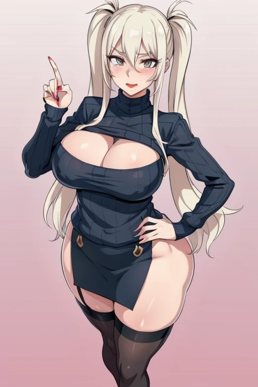 20 year old woman, busty, bubble butt, hourglass figure, skinny, blushing, confidant expression, horny, seductive, long hair, platinum blonde hair, bangs, straight hair, twintail hair, wearing brown ribbed sweater, wollen sweater, shoulderles sweater, black pencil skirt, stockings, black high heels, tight fitting clothing, cleavage, flat colours, anime, ecchi anime style, heavy makeup, kissable lips, red lipstick, hentai, manga, ahegoe, hand on hip, standing