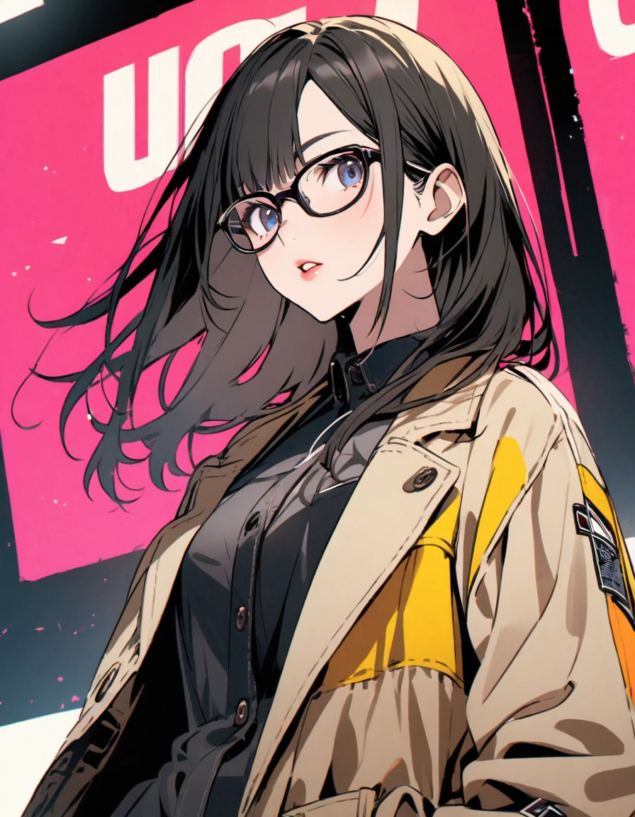 diagonal, bright、Glasses、woman、Jacket、stylish