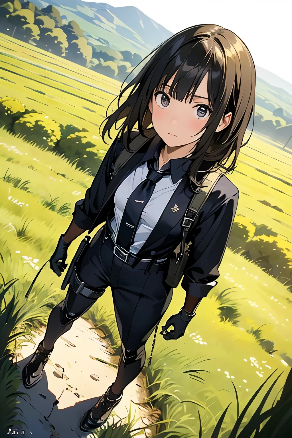 high quality, masterpiece, Ultra-high resolution, (realism: 1.4), Oil painting style, Cinema Lighting, An endless grassland dotted with a few houses, I stood on the empty asphalt road and looked at it., Fairy Mountain々was shrouded in mist, And the suspenders with the cranes flying　　　Moderate breasts　 　 　　　　Small face　 　　　holster　　　　　　　 Lying in bed　Looking up　　　　Sweat 　　　belt　summer　脇Sweat 　Black Hole Gloves　suit　shirt　　Black jacket　 Black trousers　Leg Links　ズボンにbelt　　holster　 　　Hands behind your back　 Anxious expression　Looking up　Anxious face