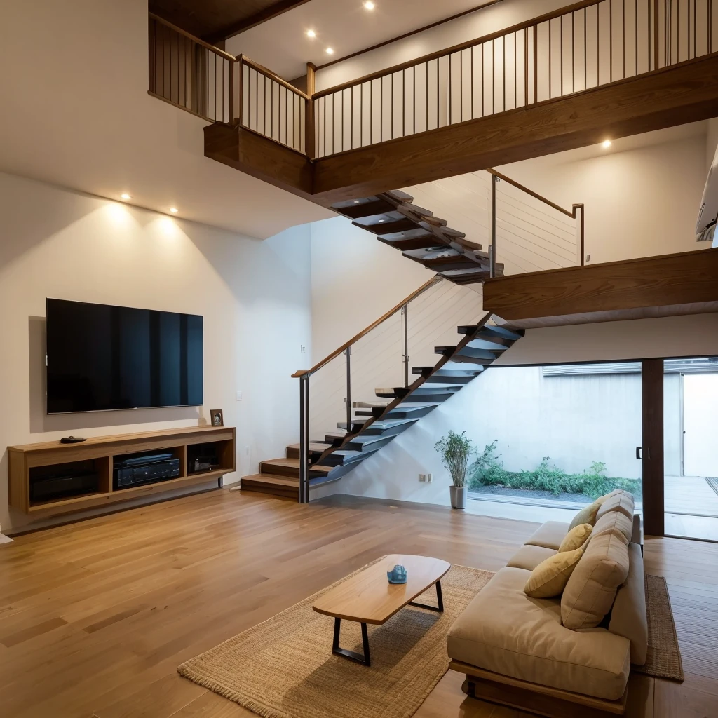 ((Highest quality)), ((masterpiece)), (detailed), Living room of a modern Japanese house,The three-seater sofa is L-shaped,There is a steel staircase in front of the sofa.,A 60-inch TV is mounted on the wall under the stairs.,The floor is solid oak 90cm wide.,The lighting is downlights,2-story building