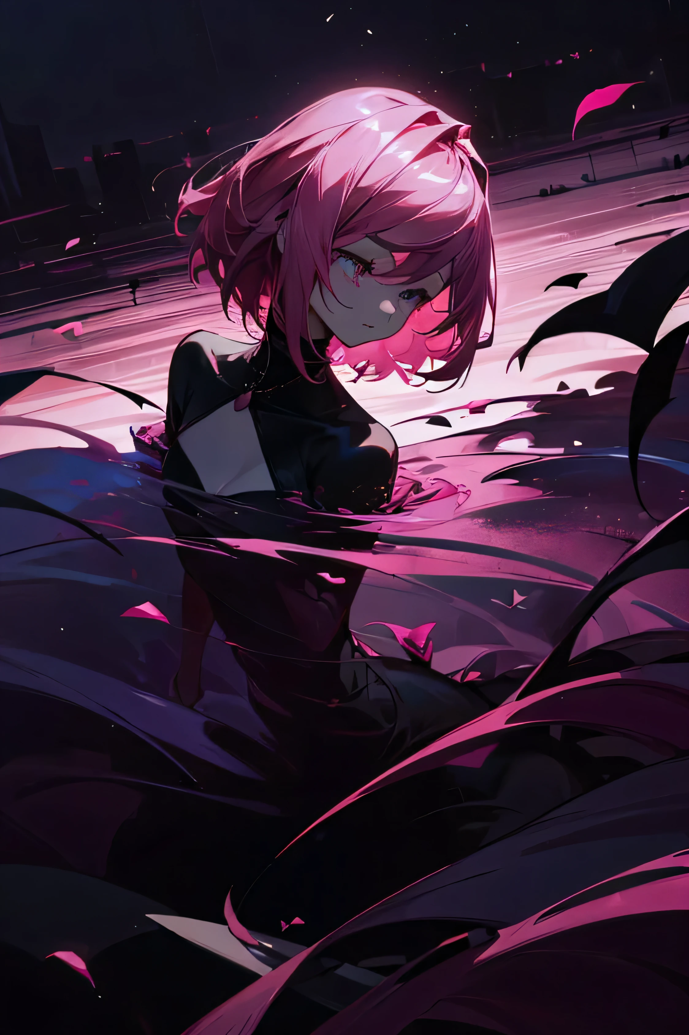 Kizi, ((deep pink hair combined with black:1.2)), holding a dead rose flower, night flower field, outside smooth, Bright petals, delicate details, Dynamic perspective, Hello, serene and melancholic expression, Rich contrast, deep-shadows