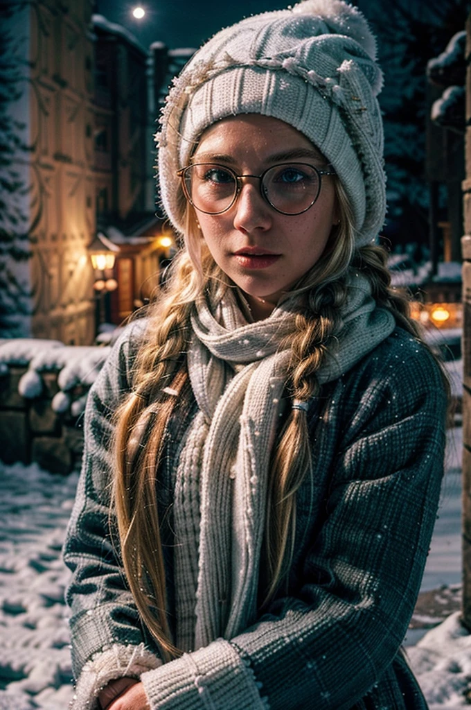 1 girl, blonde hair, long hair, crownbraid, snowcap, round eyewear, glasses, white winter furcoat, snow, standing, in snow, night, solo, orange lighting, pink scarf, hand on scarf, green eyes, black gloves, close up, pleading, moonlight, snowing, freckles