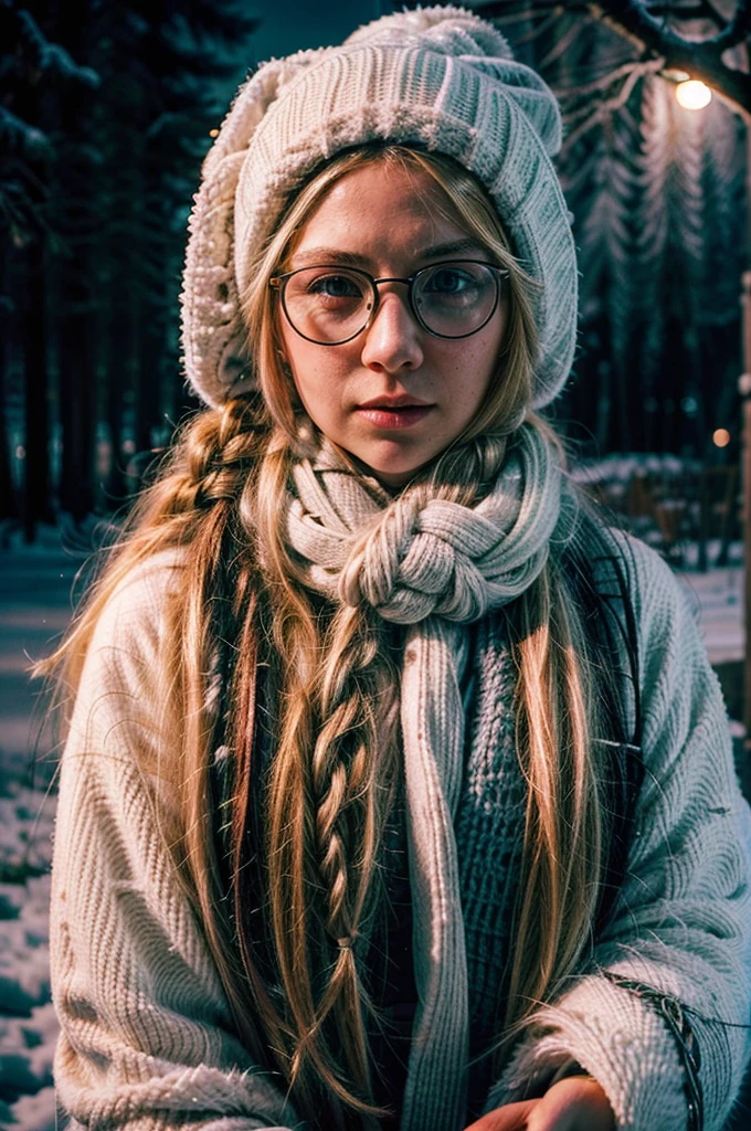 1 girl, blonde hair, long hair, crownbraid, snowcap, round eyewear, glasses, white winter furcoat, snow, standing, in snow, night, solo, orange lighting, pink scarf, hand on scarf, green eyes, black gloves, close up, pleading, moonlight, snowing, freckles