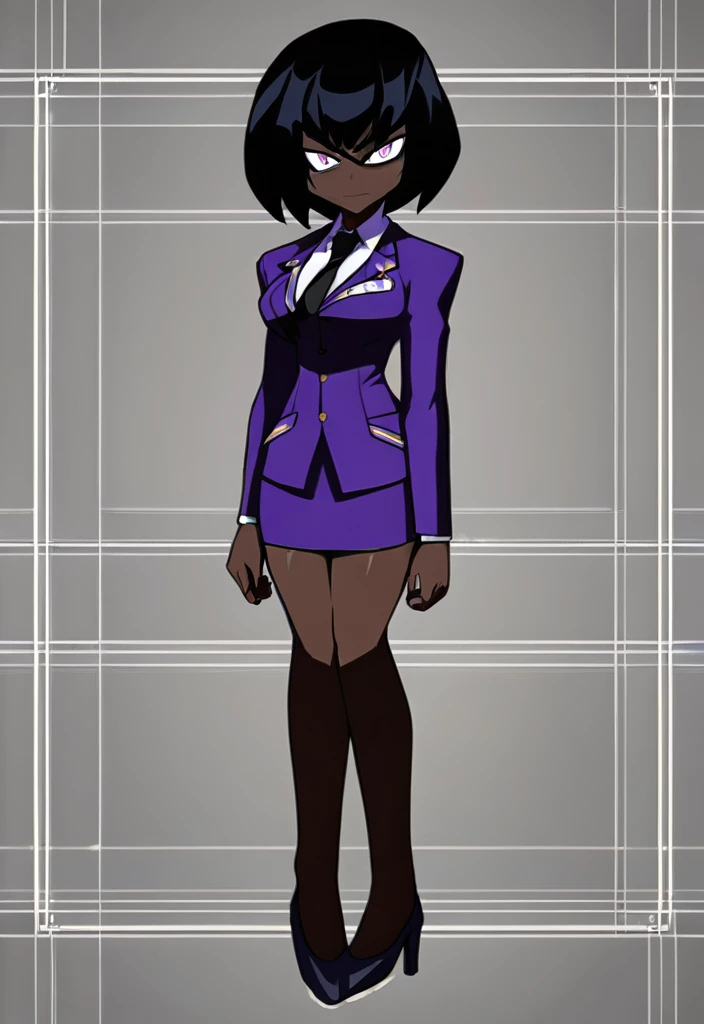 Make a evil military black anime woman in a purple skirt suit witha tie on full body