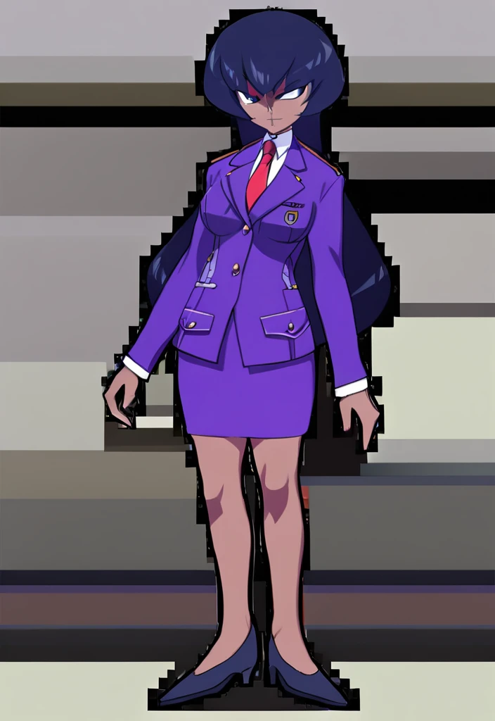 Make a evil military black anime woman in a purple skirt suit witha tie on full body
