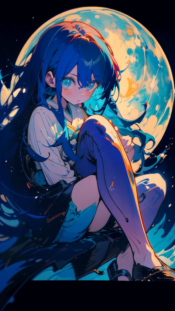 Blue-haired long hair，Design clothing，Seven-doppelganger shot，Anime style 4K，Anime girl with teal hair，High quality anime art style，sit  down,painting，Splash ink background，Blue Themes、Pure white background,Buildings,Face close-up,Buildings,Moon and sun、Long legs,Tokyo city