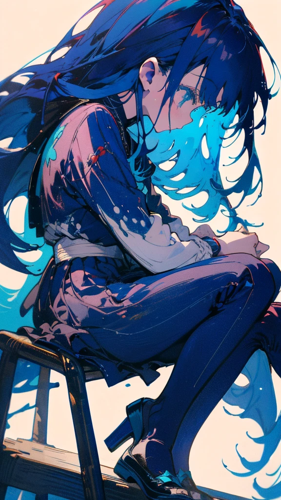 Blue-haired long hair，Design clothing，Seven-doppelganger shot，Anime style 4K，Anime girl with teal hair，High quality anime art style，sit  down,painting，Splash ink background，Blue Themes、Pure white background,Buildings,Face close-up,Buildings,Moon and sun、Long legs,Tokyo city