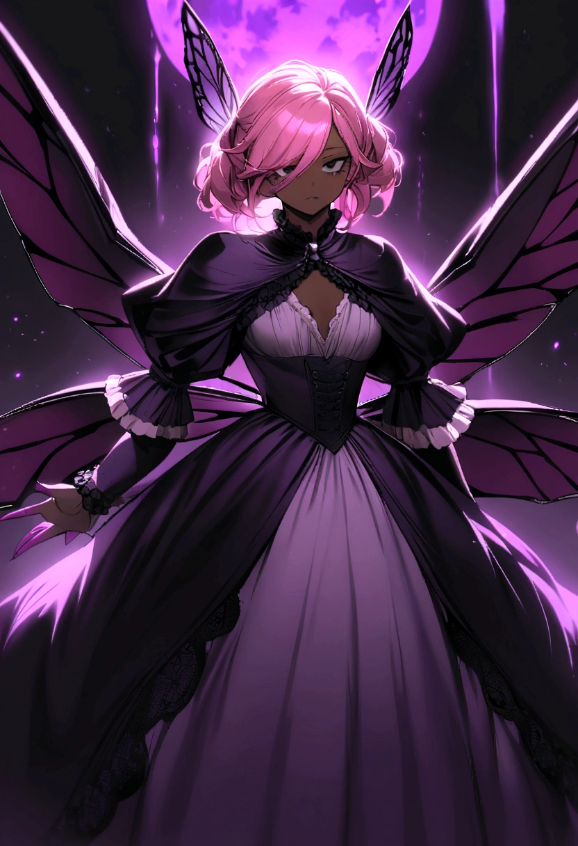 a girl with pink hair , with dark skin in the style of my hero academia as a villain. with a purple aura and the moon behind her. with dark fairy wings, one of them broken with black eyes and a cold look in Victorian-type clothing.,covered in blood