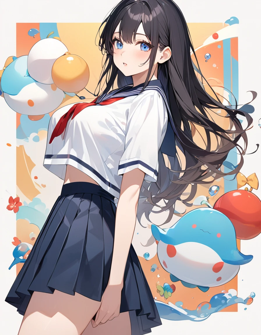 (Highest qualityのイラスト:1.2), (cute女の子:1.1), (1 girl、、Highest qualityのイラスト:1.2), (1 girl、Kind eyes、blue eyes:1.2)、Black Hair、Semi-long hair、(Highest quality、Very detailed、cute、Ultra-high resolution) 、High School Uniform｛Sailor suit、Red neckerchief、Short sleeve、Pleated skirt)、Large Breasts、Stylish, from side, whole body