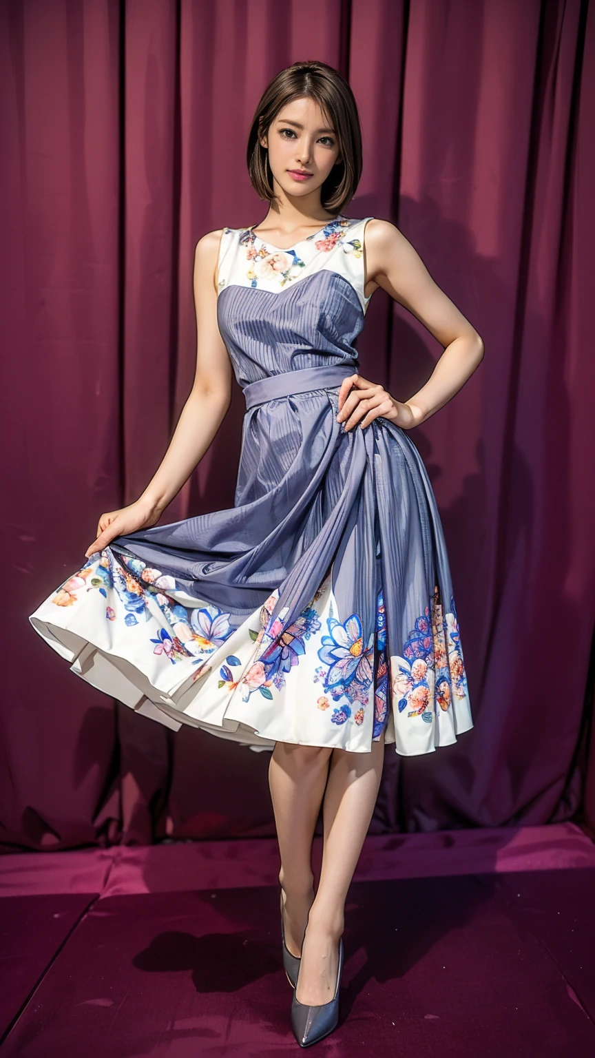 ((masterpiece)),(((Highest quality))),Thin thighs,Long legs,whole body:1.5,(One Girl:1.3),(Black pantyhose and thick pointy heels:1.3),(Wearing a floral striped mid-long flared skirt dress:1.2),Short blonde hair:1.2、Model pose with legs spread wide,