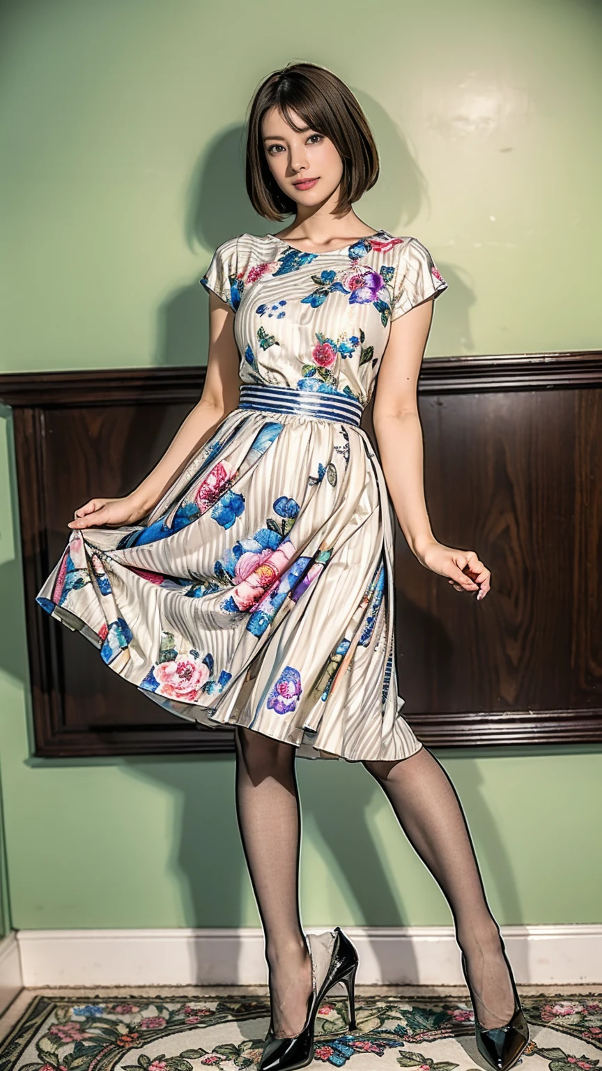 ((masterpiece)),(((Highest quality))),Thin thighs,Long legs,whole body:1.5,(One Girl:1.3),(Black pantyhose and thick pointy heels:1.3),(Wearing a floral striped mid-long flared skirt dress:1.2),Short blonde hair:1.2、Model pose with legs spread wide,