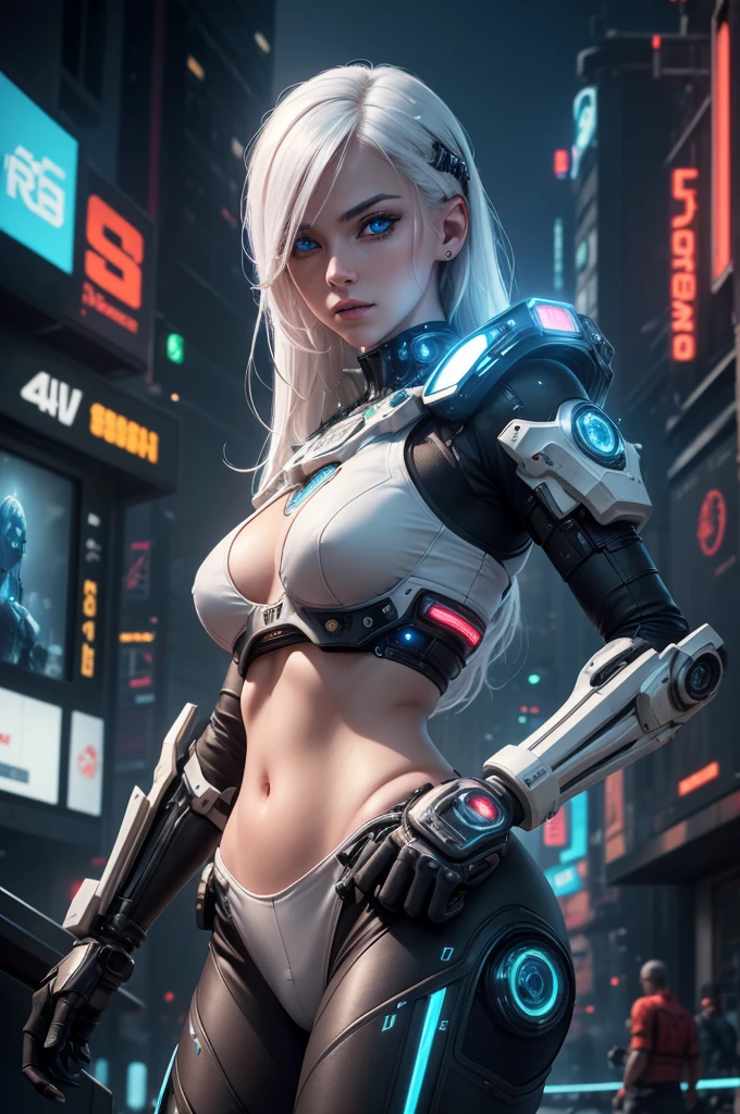 1 girl, white hair, blue eyes, high-tech bra, bare midriff, 1 mechanical battle arm, human arm, pants, high-tech sneakers, serious pose, robotic mecha background, (best quality,4k,8k,highres,masterpiece:1.2),ultra-detailed,(realistic,photorealistic,photo-realistic:1.37),extremely detailed facial features,highly detailed skin, extremely detailed eyes and face, long eyelashes, beautiful detailed lips, sciencefiction, cyberpunk, dramatic lighting, neon glowing accents, volumetric lighting, intricate mechanical details