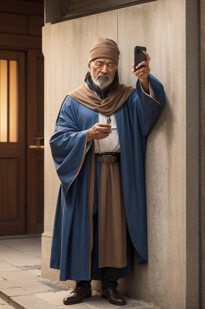 Wise man holding cell phone